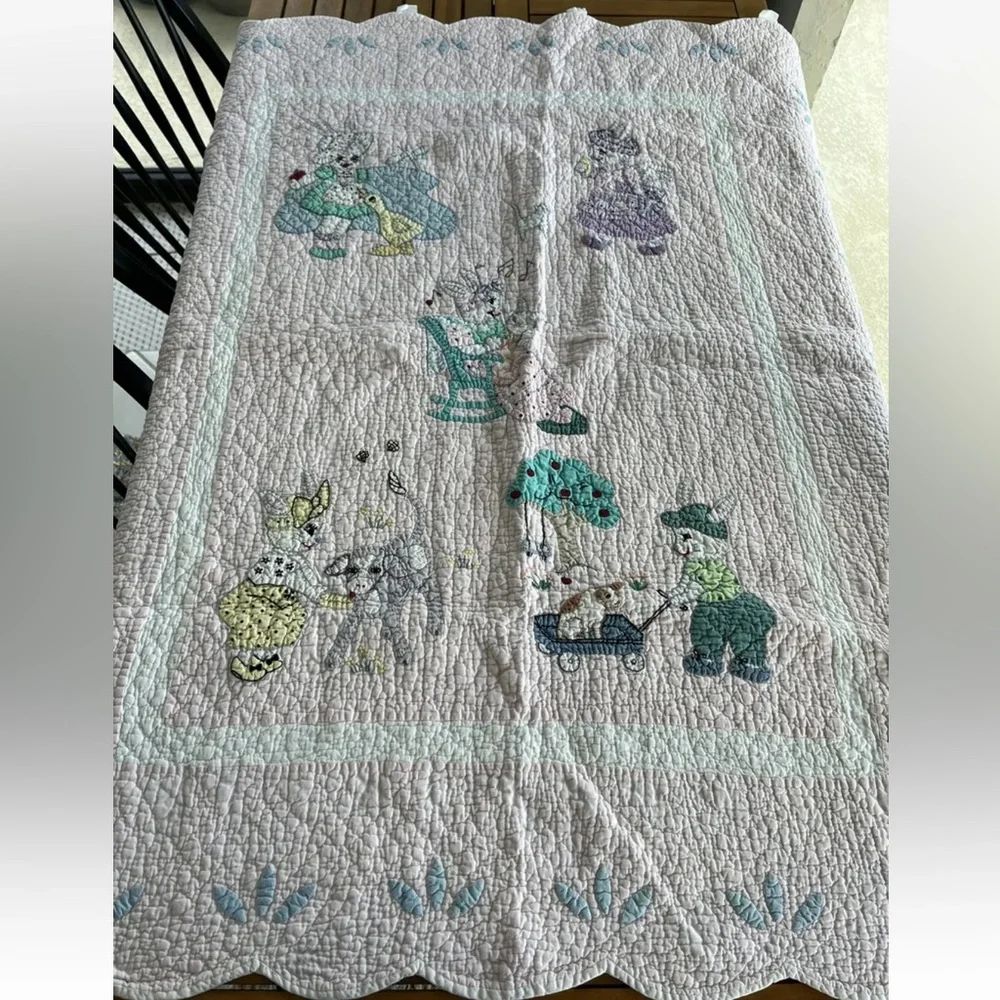 Judi Boisson Bunny Rabbit Floral Embroidery Baby Quilt American Country Vintage